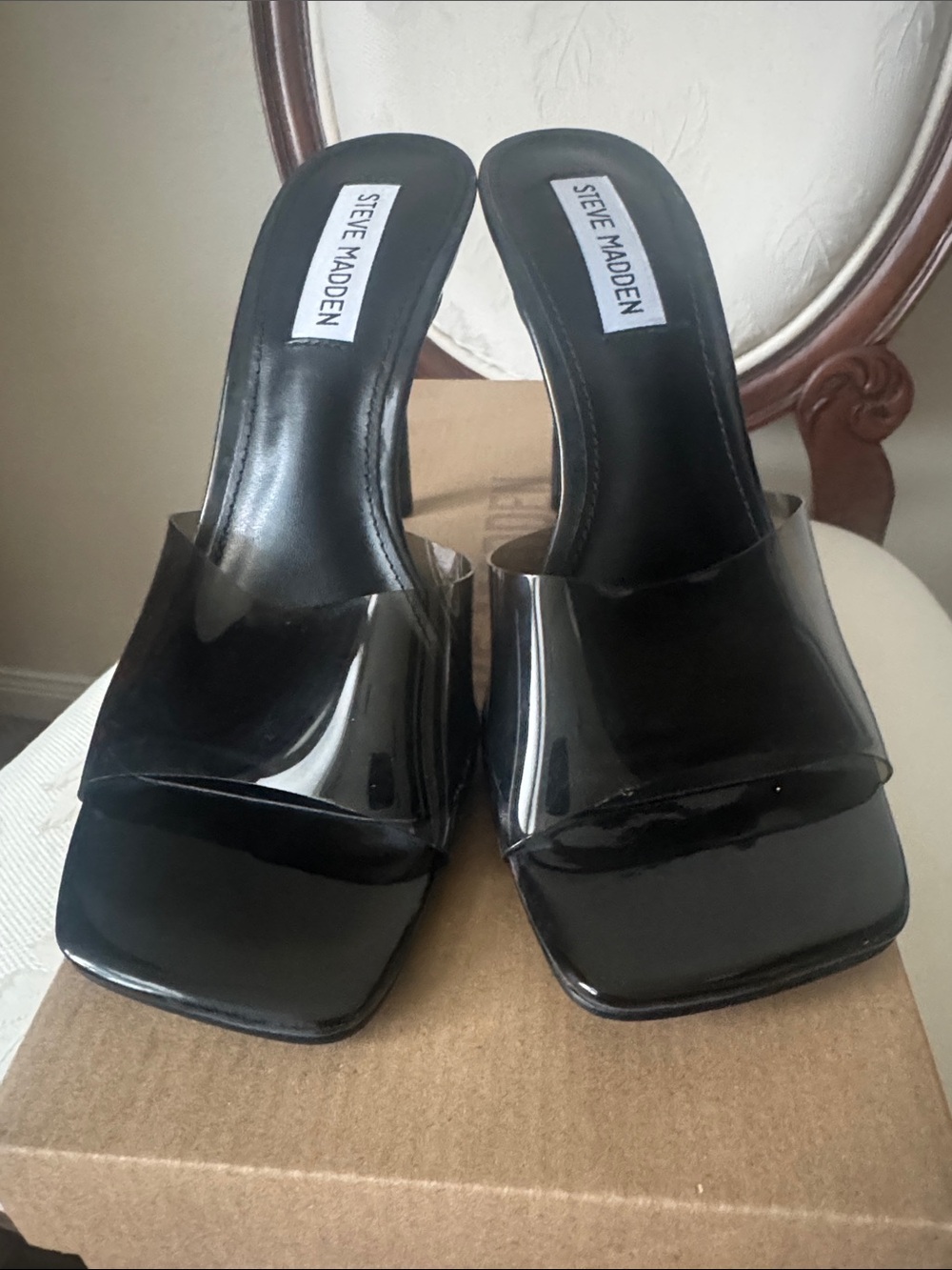 Steve Madden Black Patent Slide Mules with Clear Strap